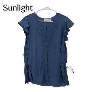Time And Tru Womens Dusty Blue Embroidered Flutter Sleeve Top Size M 100% Rayon